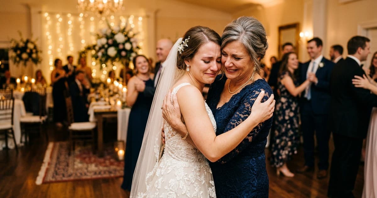 Daughter standing beside her mother at a wedding celebration, sharing a tender moment