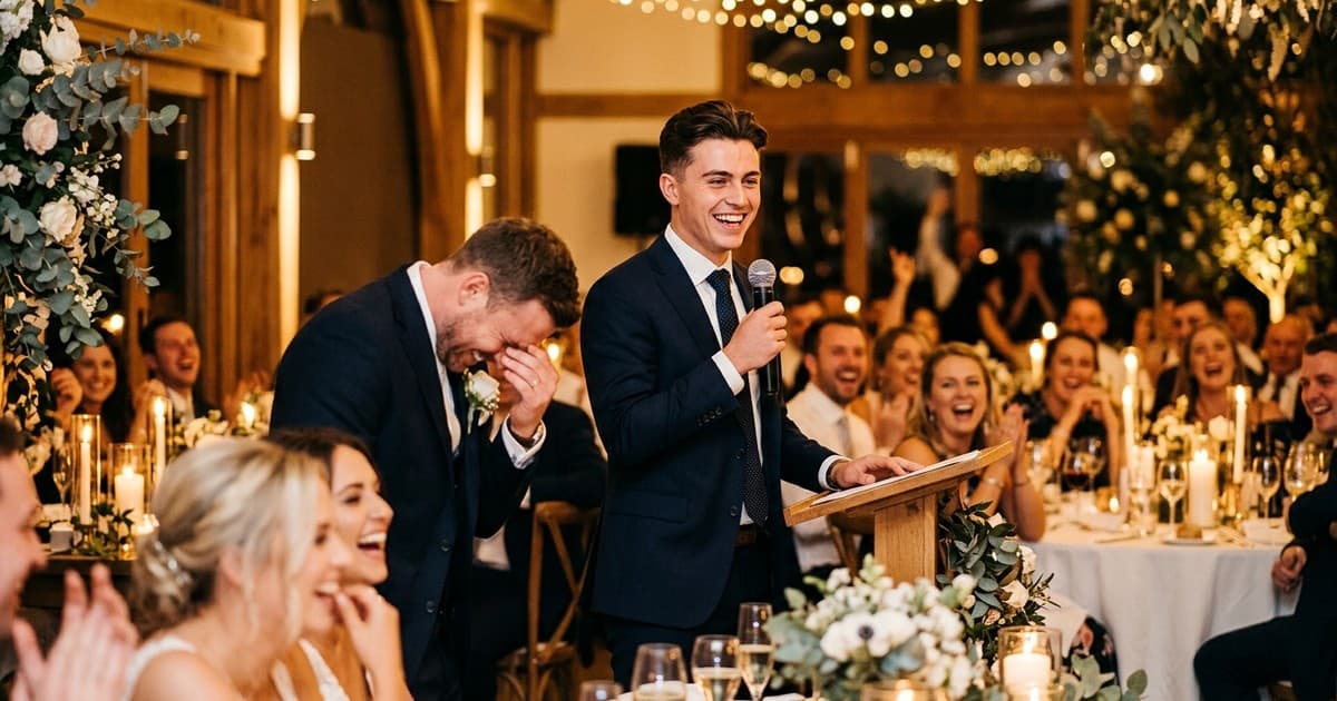 Best man giving a funny speech at a wedding reception while guests laugh