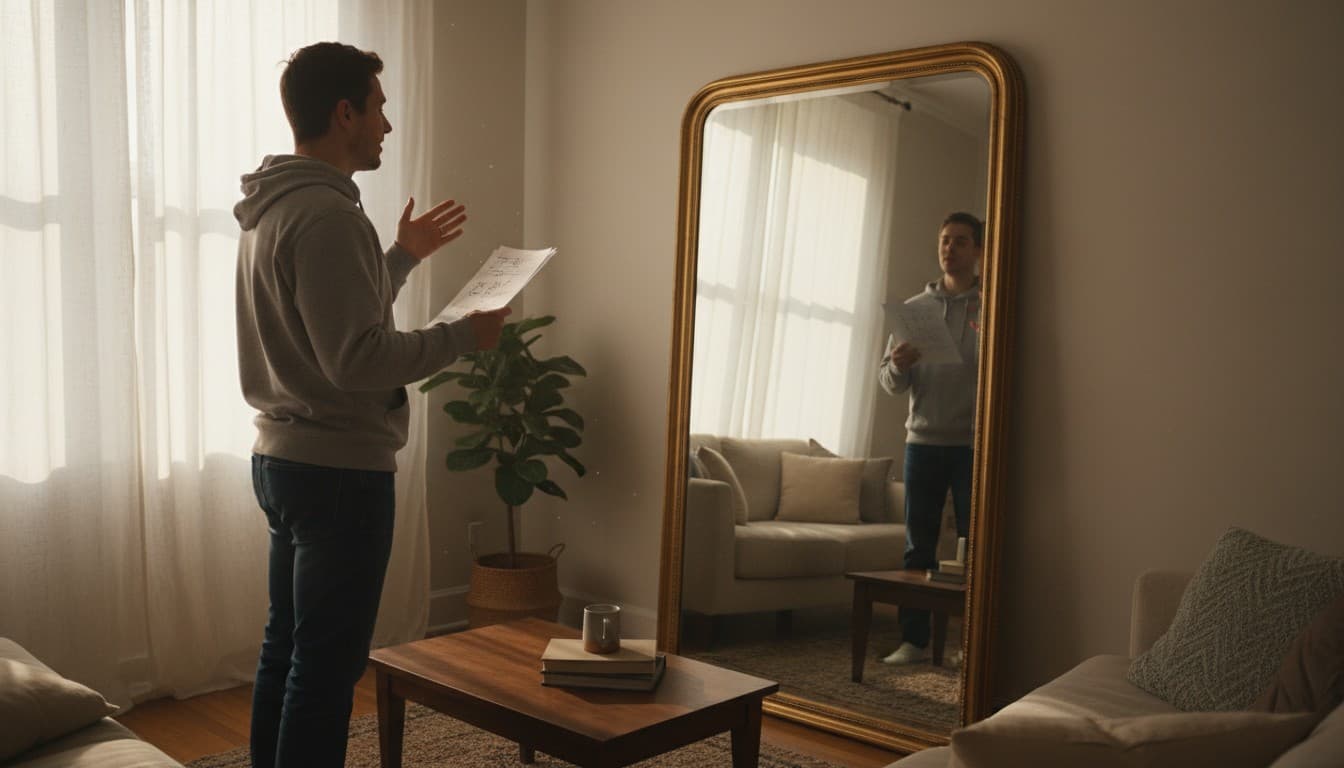 Person practicing a wedding speech at home with notes in hand