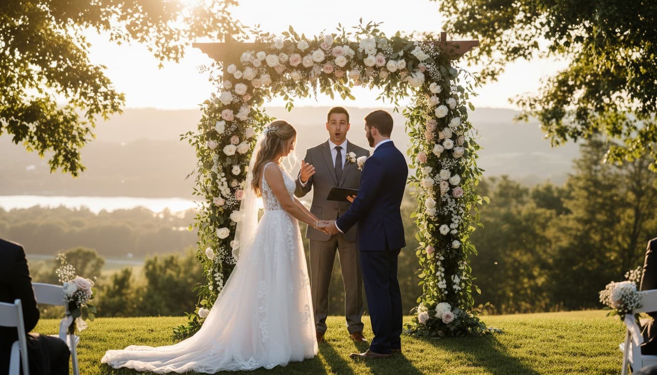 Wedding officiant addressing guests at an outdoor ceremony