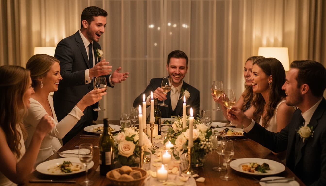 Wedding guests raising glasses for a short, memorable toast