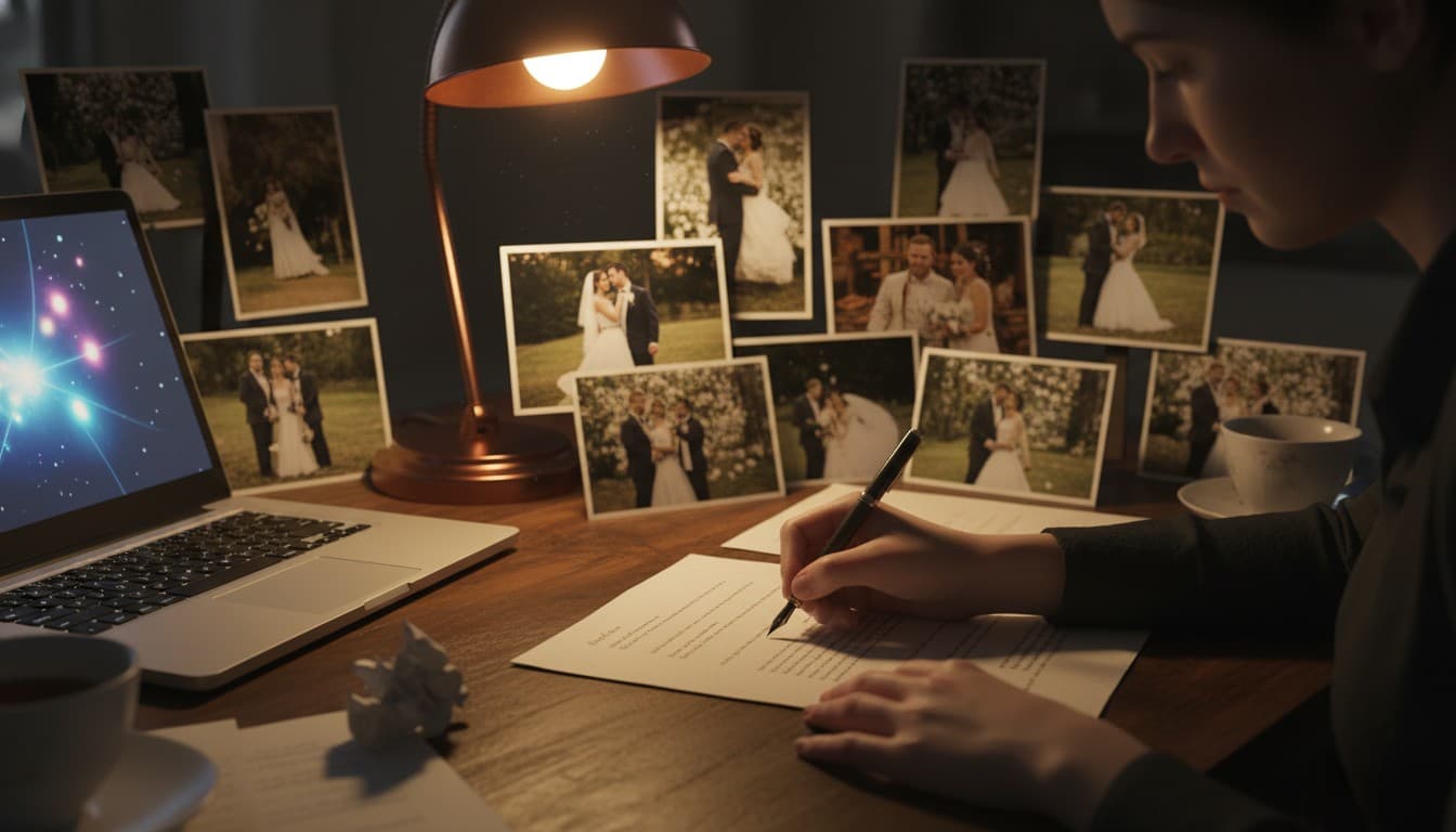 Person writing a wedding speech at a desk with notes and a coffee