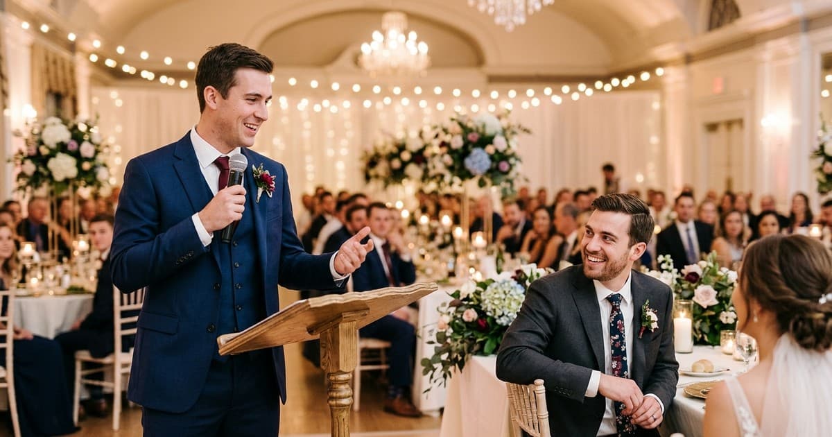 Two brothers at a wedding reception, one giving a speech while the groom listens with a smile