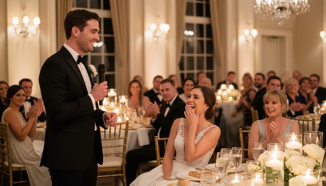 Groom delivering a heartfelt speech at his wedding reception