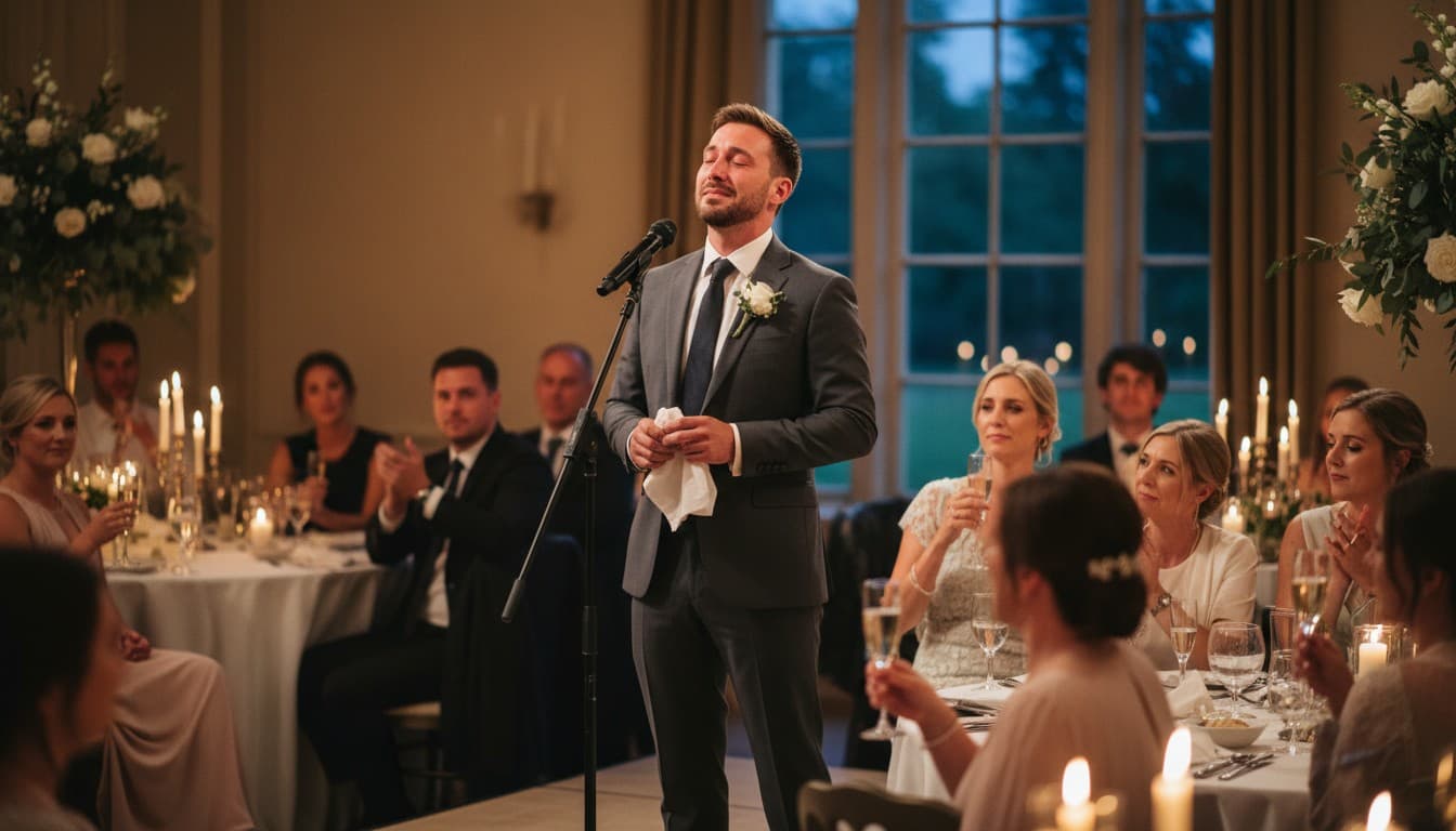 Speaker composing themselves during an emotional wedding toast