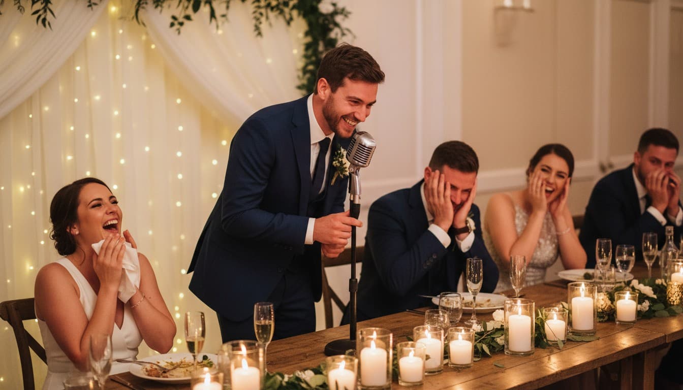 Speaker getting genuine laughs from wedding guests with well-crafted jokes