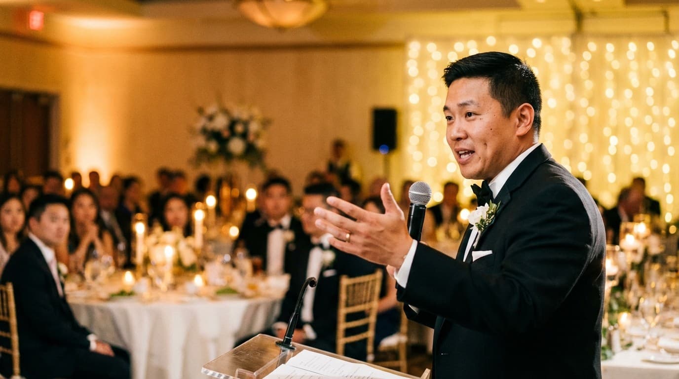 Guests celebrating after a groom speech at a wedding reception