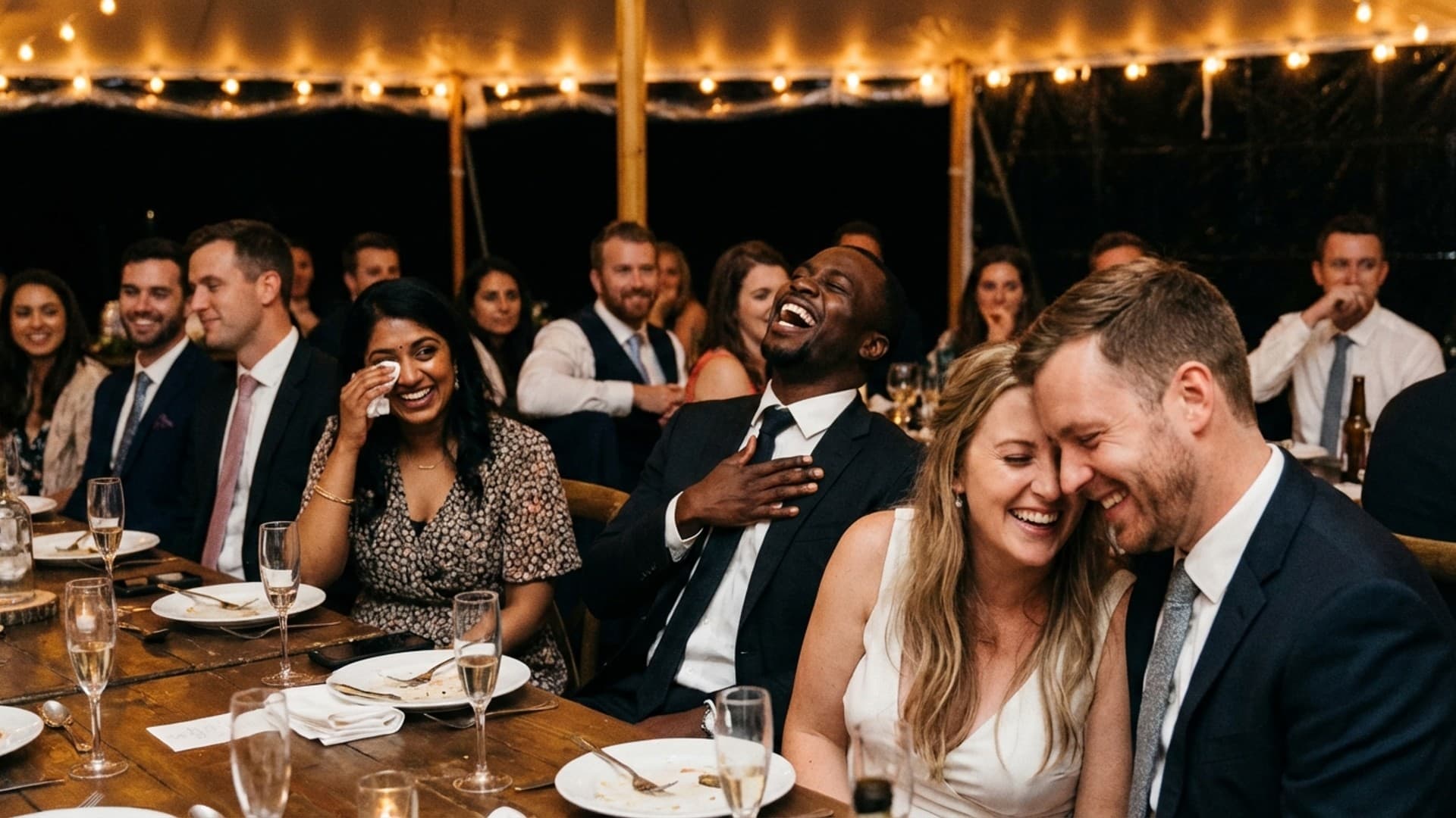 Wedding guests laughing together over champagne at a candlelit reception