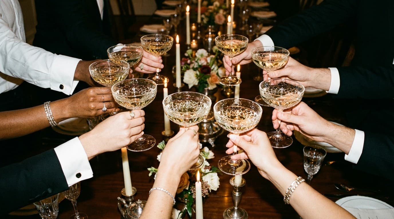 Wedding toast with guests raising glasses in celebration