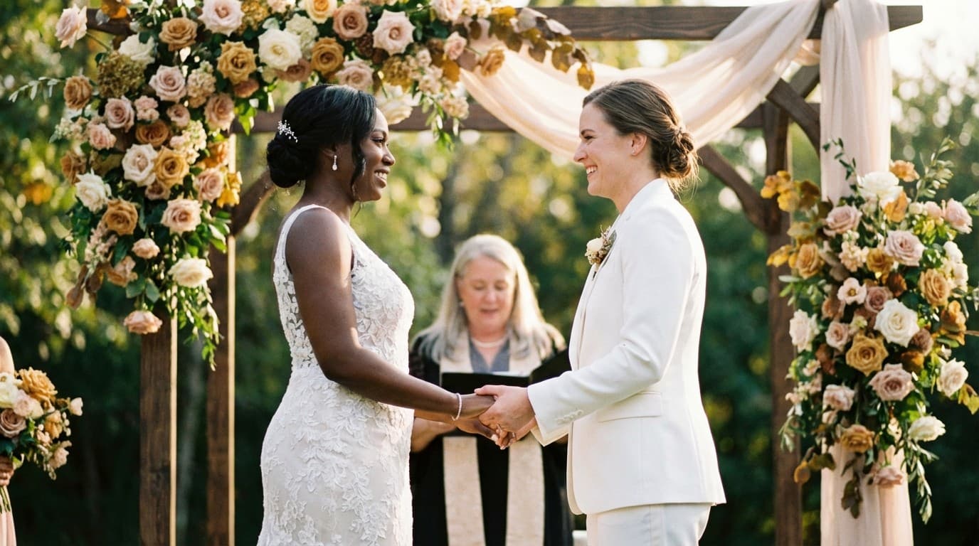 LGBTQ couple celebrating their wedding surrounded by loved ones
