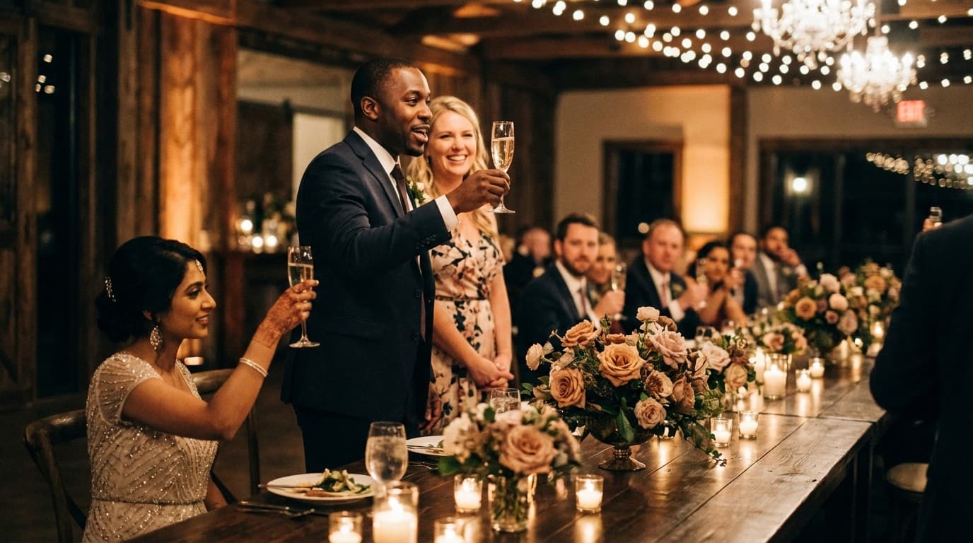 Wedding guests raising glasses during a toast at the reception