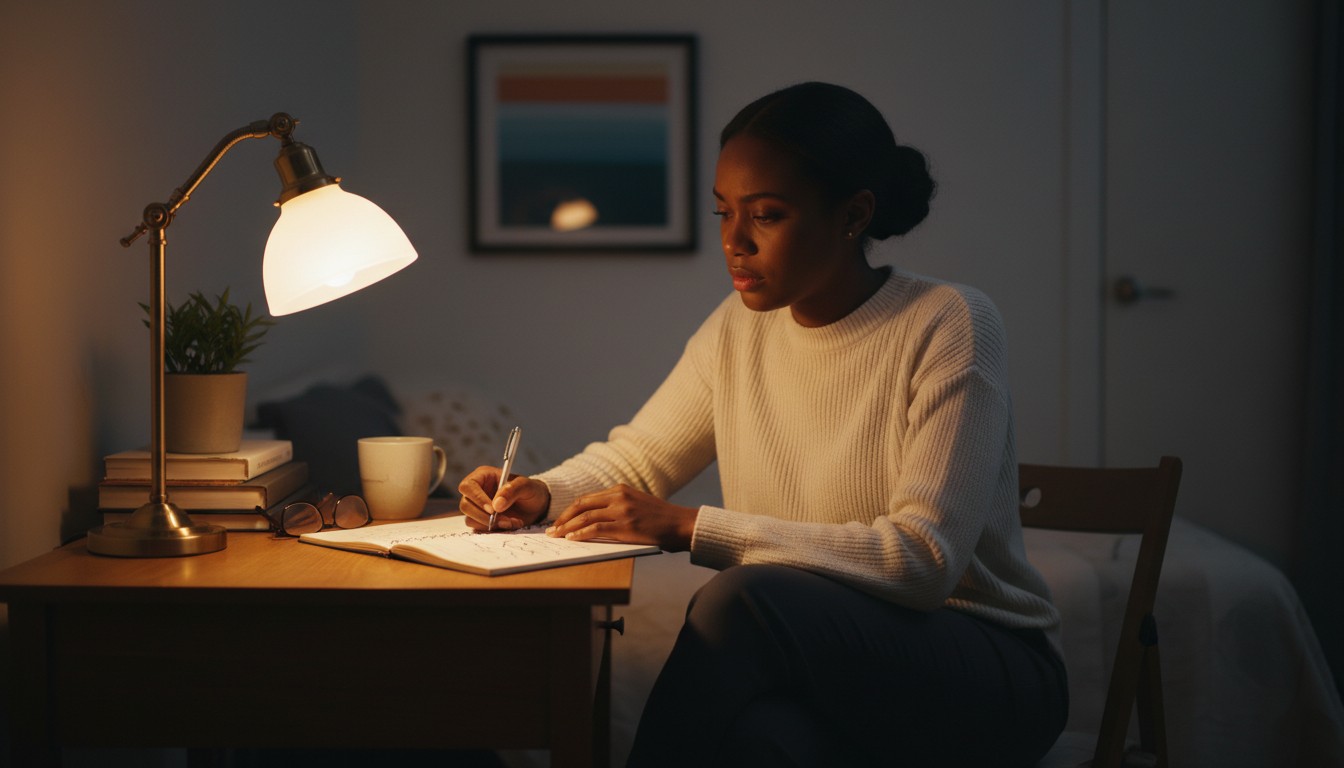 Writing a wedding speech late at night at a desk
