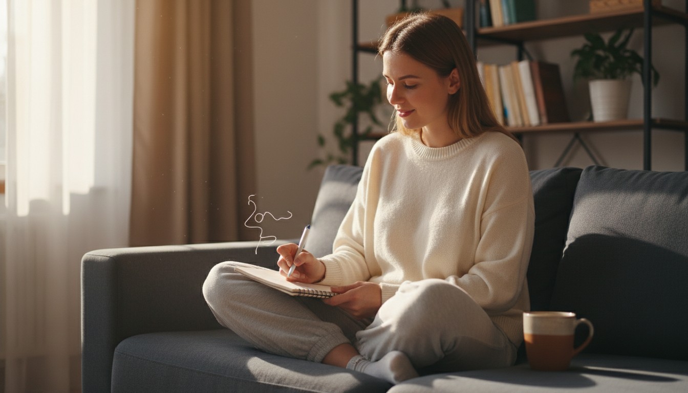 Woman drafting her wedding speech on the sofa