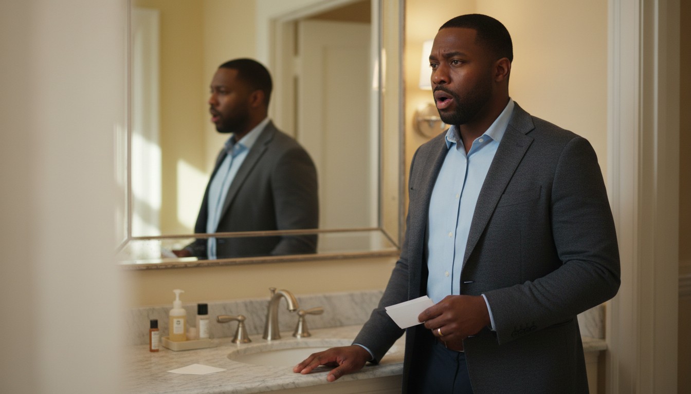 Man rehearsing his speech in front of a bathroom mirror