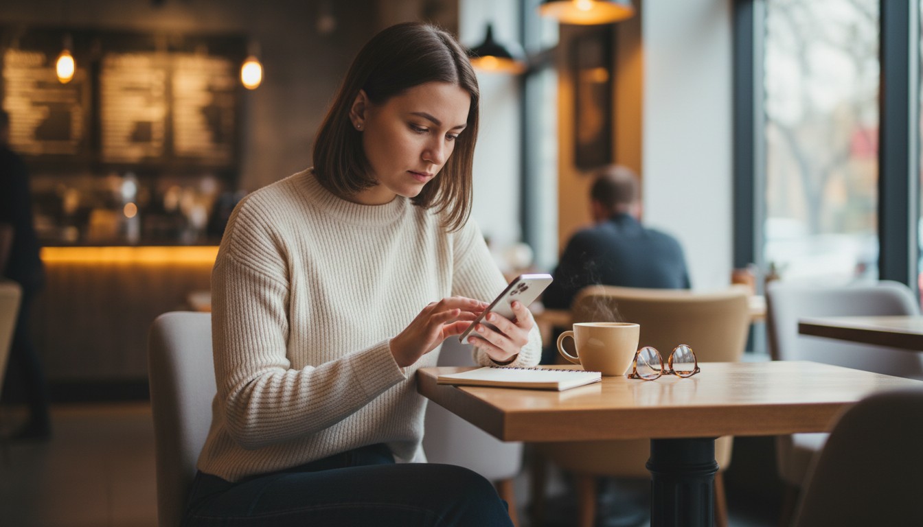 Typing wedding speech notes on a phone at a coffee shop